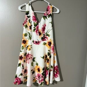 Floral Asymmetrical Dress - White with Pink and Yellow Flowers